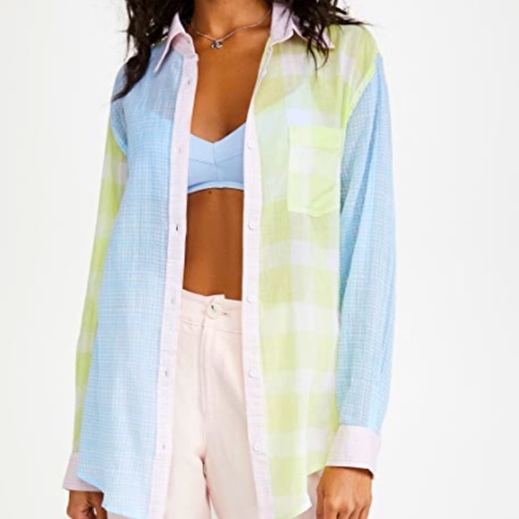 New Solid & Striped x Free People Oxford Med Pink Blue Plaid Coverup Buttondown - Picture 4 of 16